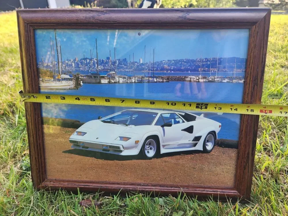 VINTAGE 1989 WHITE LAMBORGHINI COUNTACH WOODEN FRAMED PRINT